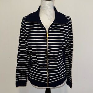 Lauren Ralph Lauren Navy & Off White Nautical Striped Zipper Cotton Cardigan